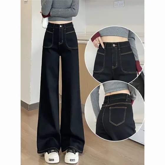 Novo produto preto de cintura alta Jeans de perna larga feminino início da primavera 2025 novo estilo pequeno capa solta