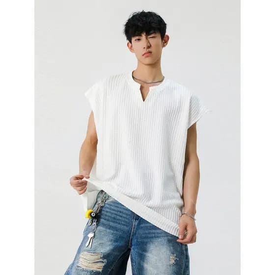 Colete americano colete meninos verão nova camiseta solta Casual textura Street Wear com decote em v sem mangas camiseta