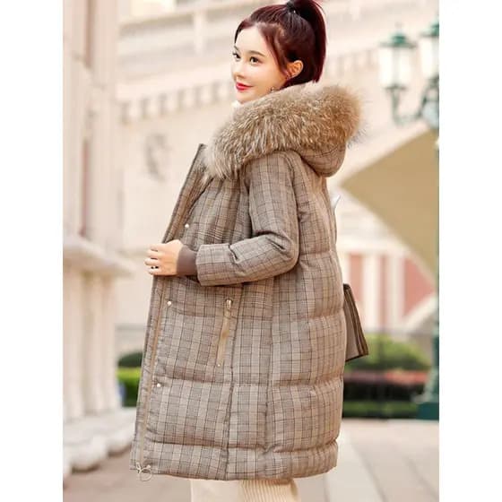San Qing luxo inverno solto com capuz grande lã DIY padrão meados de comprimento para baixo jaqueta 1: 1 feminino estamp