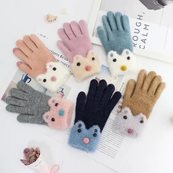 Senhoras luvas de dedo cheio outono inverno bonito dos desenhos animados gato lã quente cinco dedos estudante tela toque