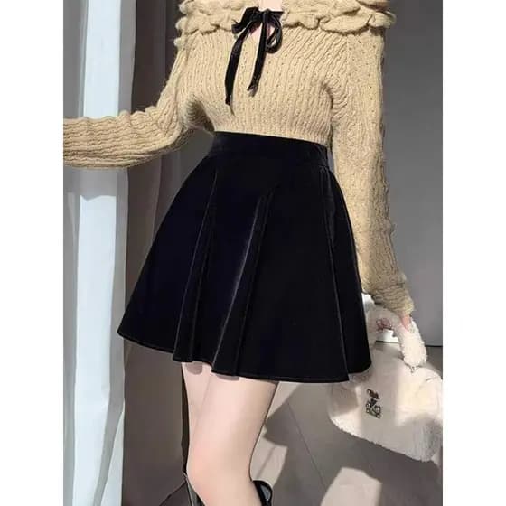 Preto ouro veludo saia feminina inverno cintura alta Puff saia pequena saia plissada mais magro olhar saia a linha saia