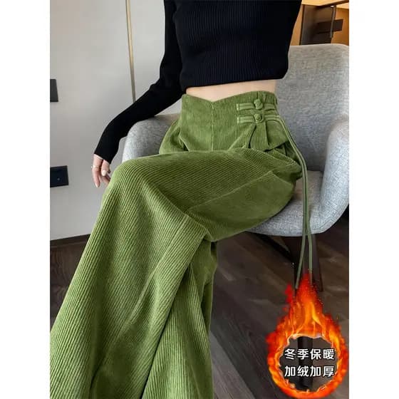 Novo estilo chinês estilo chinês verde oliva veludo borla fivela calças de perna larga inverno solto estilo preguiçoso c