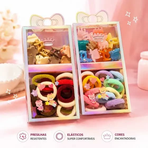 Kit xuxinha elásticos e prendedores (mini piranha) cabelo infantil sortido - 14 elásticos e 10 mini prendedores