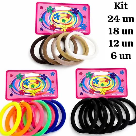 Elástico Para Cabelo Kit com 6 unidades - Cor Preta / Colorido - (Xuxinha, Predendor de cabelo, Chuchinha)