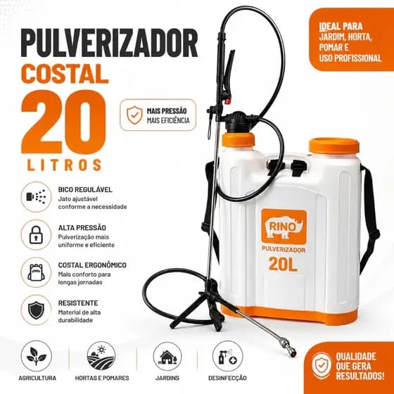 Pulverizador Costal Agrícola 20 Litros com 3 Bicos e Jogo de Reparos