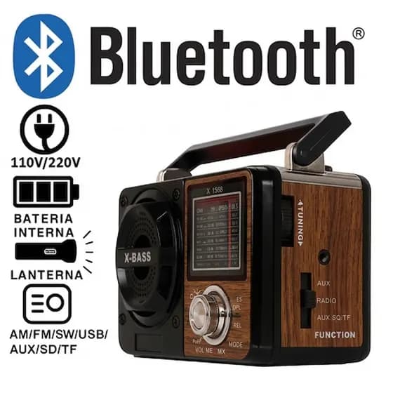Rádio Retrô Vintage Bluetooth 1088 Portátil AM/FM/SW USB Recarregável Bivolt com Antena