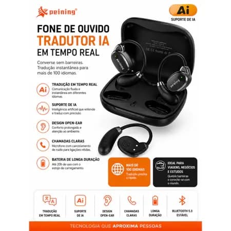 Fone de Ouvido Tradutor Inteligente IA Peining Pei-P1001 Bluetooth Sem Fio Tradução em Tempo Real