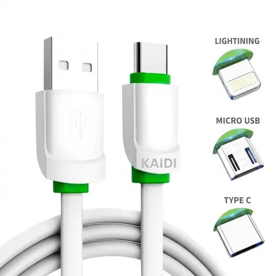 Cabo de Dados Kaidi Reforçado Turbo V8 Micro USB Tipo C iPhone Lightning Carregamento Rápido Android