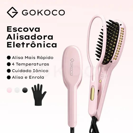 GOKOCO Escova Alisadora placas Alisa mais rápido 4 configurações de calor Cuidado capilar iônico Alisa e cacheia bivolt