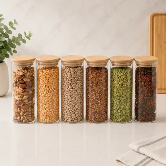 Potes de Vidro com Tampa de Bambu Kit com 6 450ml Mantimentos Herméticos Oikos Pote Cozinha Alimentos Tempero Redondo