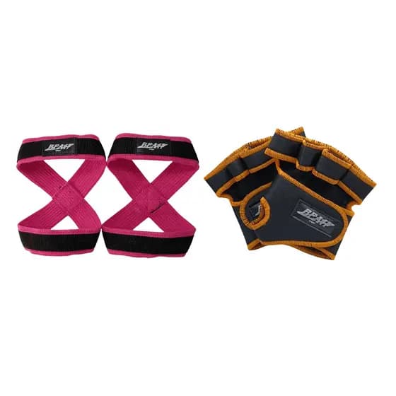 Kit 1 Par De Luvas De Academia Laranja + 1 Par de Talas Straps 8 Rosa Para levantamento de peso Flash