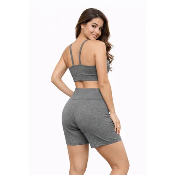 Conjunto Fitness Feminino Cinza Cintura Alta Academia Treino Confortável