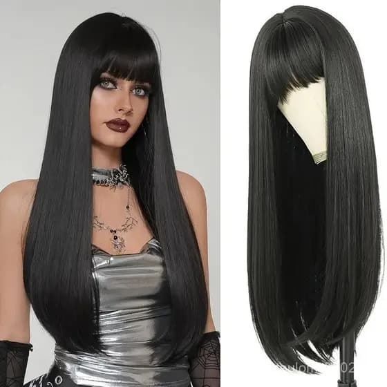 Peruca Sintética Reta Preta De 70 Cm Com Franja-Resistente Ao Calor , Aparência Natural Para Uso Diário , Cosplay E Hall