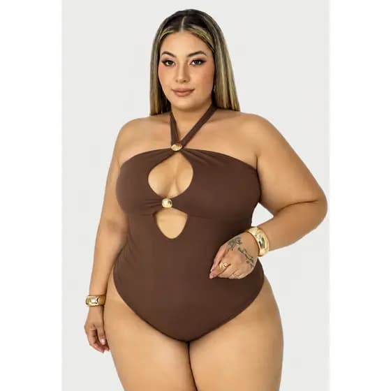 Body Plus Size Feminino Microfibra Decote Vazado Elegante com Elastano Curve