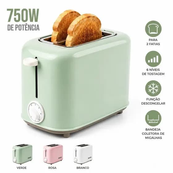 Torradeira Elétrica 2 Fatias 750W 6 Níveis Função Descongelar Bandeja Removível 110/220V RT-TS201