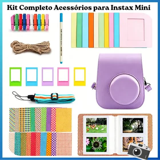 Kit Acessórios Fujifilm Instax Mini 12/11/9 Bolsa Capa Molduras Adesivos e Cordão