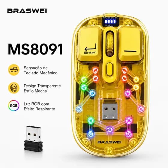 Mouse Sem Fio Transparente Bluetooth 5.0 2.4G RGB Recarregável USB-C Silencioso Notebook PC BRASWEI MS8091