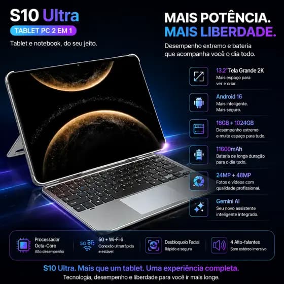 Yinber S10 Ultra 2-in-1 Tablet | 13.2" 120Hz screen | 16GB RAM +1024GB | Snapdragon | 5G Dual Chip | 11600mAh battery