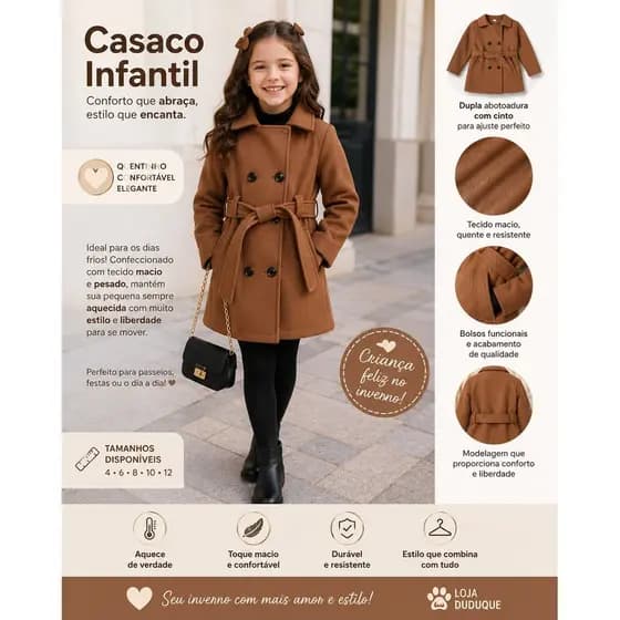 Casaco Infantil Feminino Elegante com Cinto | Quentinho, Confortável e Atemporal | Tamanhos 4 ao 12