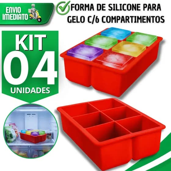 Combo Formas Silicone Gelo Grande 6 Cubos Forminha Congelar Flexível Drinks Whisky Utensílios