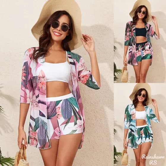 LS|Conjunto Saia Praia 3 Peças Maiô de Três Peças Cardigan Maior de Praia Vestido Praia Moda Praia Maio Feminino Praia