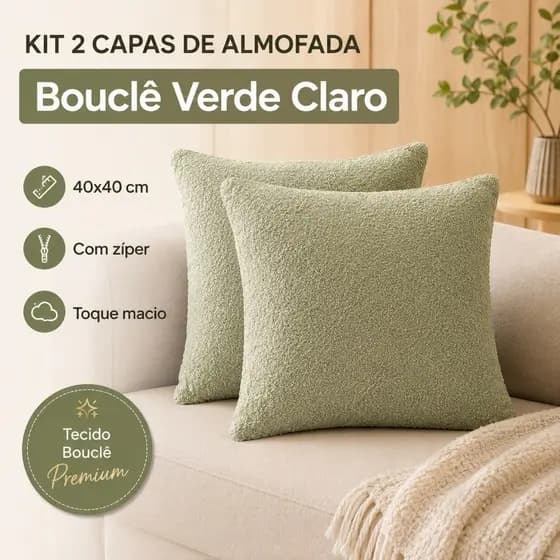 Kit 2 Capas Almofada Bouclê 40x40 Verde Claro Com Zíper Decorativa Sofá Sala