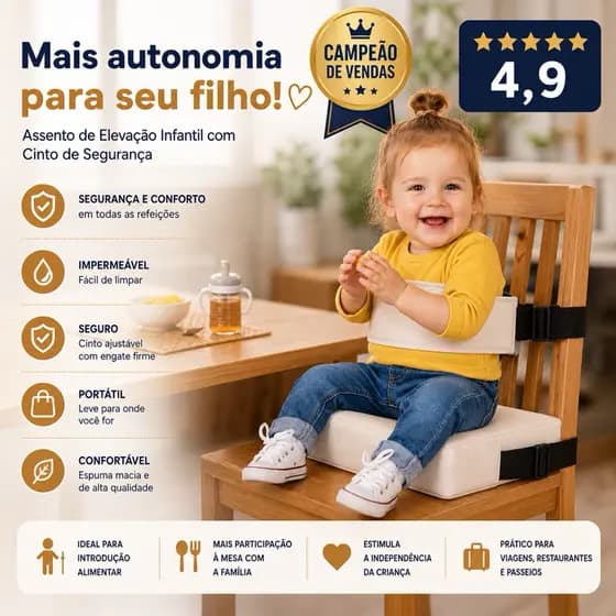 Assento de Elevação Infantil com Cinto de Segurança Impermeável | Booster Portátil para Alimentação e Viagem