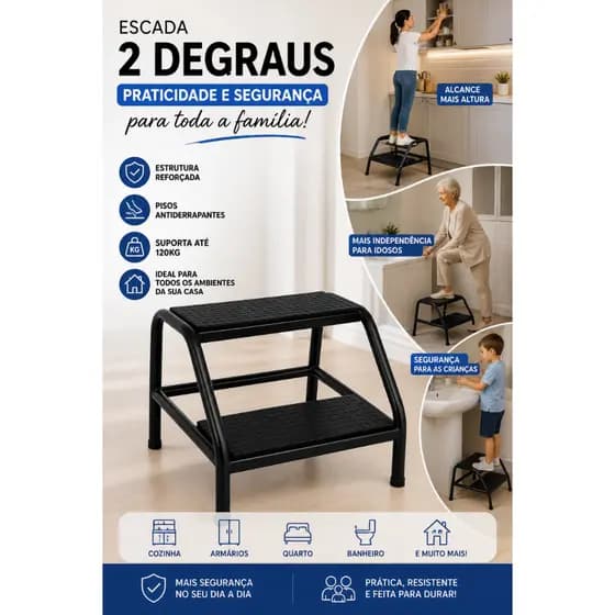 Escada 2 Degraus Antiderrapante Reforçada Até 120kg Preta