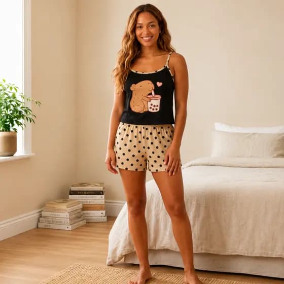 Pijama Short Doll Feminino Capivara Fofa Alcinha Confortável Fresquinho Moda Verão