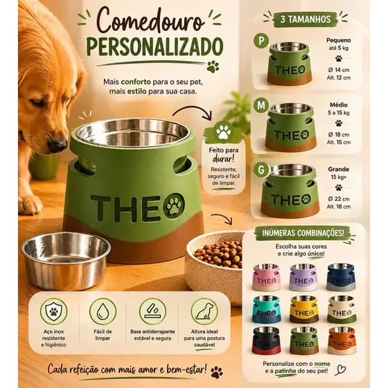 Comedouro Elevado Personalizado Nome do Pet Cachorro Gato Pote Inox Removível Antiderrapante Decorativo Impressão 3D