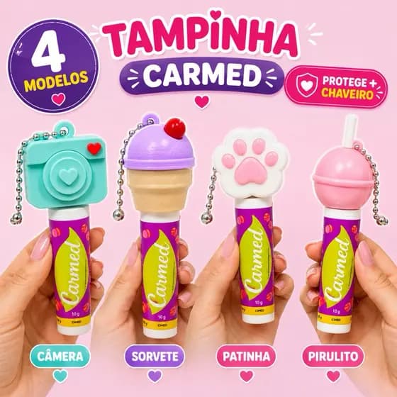 Tampinha Carmed 3D Protetor Labial com Chaveiro Capinha Fofa Kawaii Câmera Sorvete Patinha Pirulito Presente