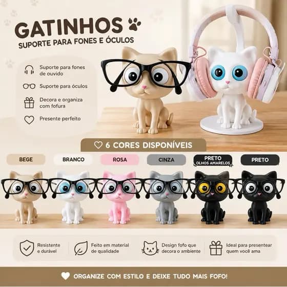 Suporte Fone e Porta Óculos Gatinho 3D | Gamer | Decoração