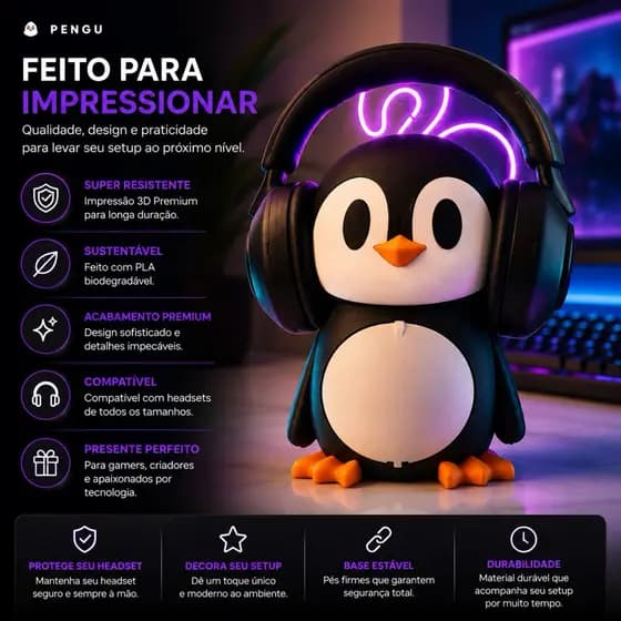 Suporte Headset Pinguim Gamer Organizador Fone Porta Objetos Impressão 3D Bora 3D Brasil