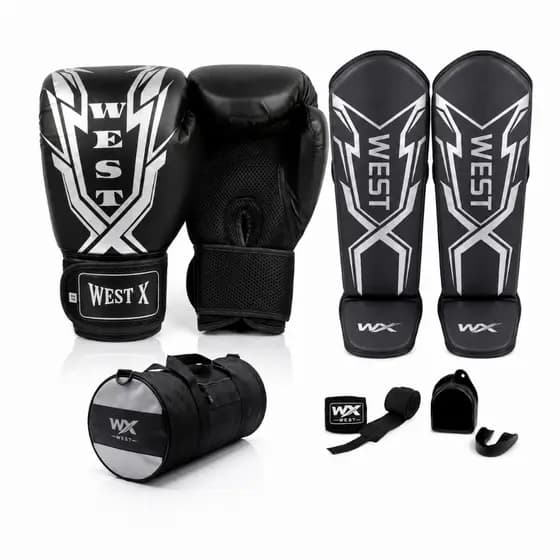 Kit Luva Boxe Muay Thai Kickboxing + Caneleira + Bolsa + Bandagem 3 Metros + Case c/ Bucal Moldável.
