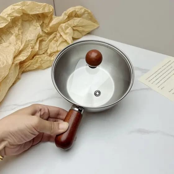 Panela pequena grossa de aço inoxidável, multifuncional, molho de cozinha, tigela Anti-escaldante, cabo de madeira, tige