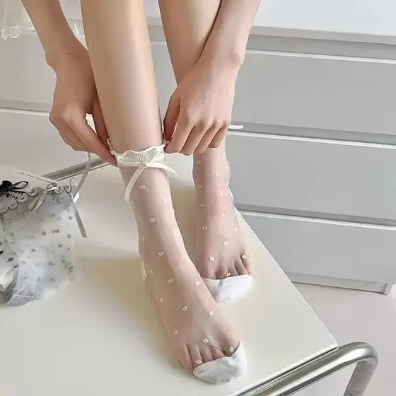 Meias de cartão de bolinhas femininas verão transparente Ultra-fino doce arco meias de seda de vidro coreano estilo meni