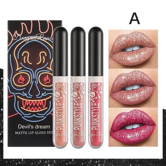 Três conjuntos de brilho labial diamante copo antiaderente batom brilhante roxo preto conjunto de brilho labial