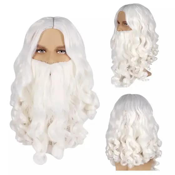 Natal o Dress Up Branco Médio Longo Cabelo Encaracolado Conjunto de Barba Papai Noel Vovô Peruca Longa Barba Encaracolad