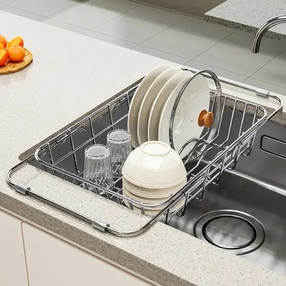 Pia da cozinha prato dreno rack de aço inoxidável retrátil prato rack armazenamento máquina lavar louça talheres copo dr