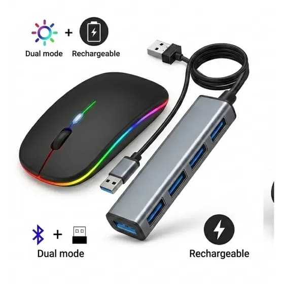 Kit Home Office Mouse Sem Fio Slim + Hub Usb e USB C 4 Portas Notebook Pc
