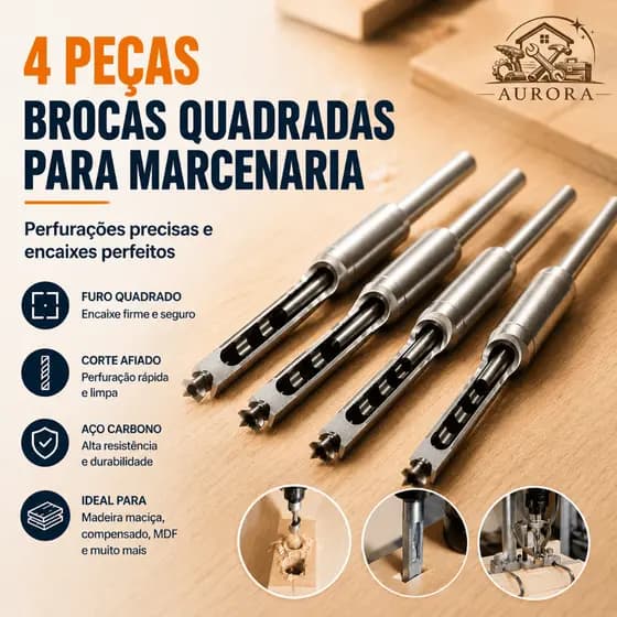 Brocas P/ Furo Quadrado Jogo 4 Peças 1/4 - 5/16 - 3/8 - 1/2 Furadeira de Bancada e Madeira