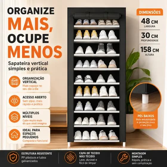 Preto 9 Andares Sapateira Organizador Armário Desmontável Multiuso Durável e Fácil de Montar para Casa e Quarto Sapateir