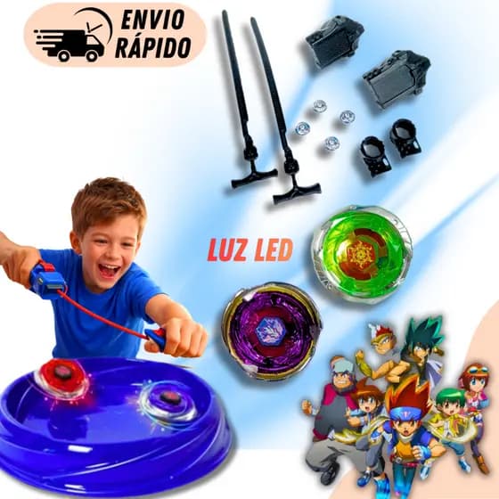 Kit Completo de Beyblade Metal Com Luz Led 5D + Arena + Lançadores Para Combate Brinquedo Pião de Ferro Giratorio