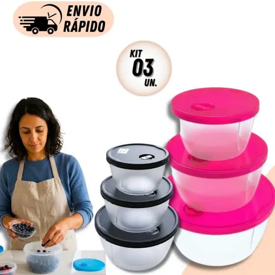 Kit 3 Potes Plástico Redondos Bowl Com Válvula Respiro Para Micro-ondas Marmita Cozinha Armazenar Guardar Alimentos
