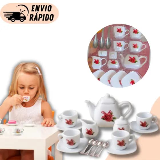 Kit Chá 14 Peças Infantil Miniatura (APROX. 5CM) Para Boneca Jogo Completo Com Xicaras Bule Pratos Brinquedo Cozinha