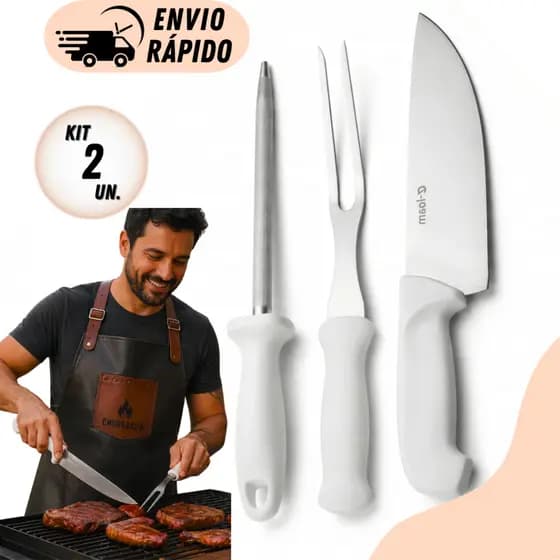 Kit 2 ou 1 Conjunto Churrasqueiro Inox Premium 3 Pç Profissional Com Cabo Faca + Garfo Trinchante + Chaira Afiador