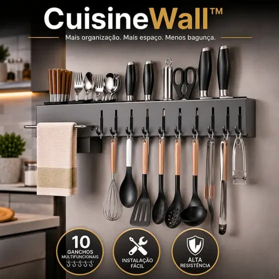 Suporte Organizador de Utensílios para Cozinha 10 Ganchos Porta Facas Escorredor Cinza CuisineWall