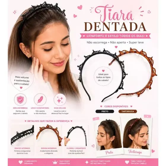 Tiara Dentada para Cabelo Feminina Arco Antideslizante com Dentes Volume e Sustentação - 4