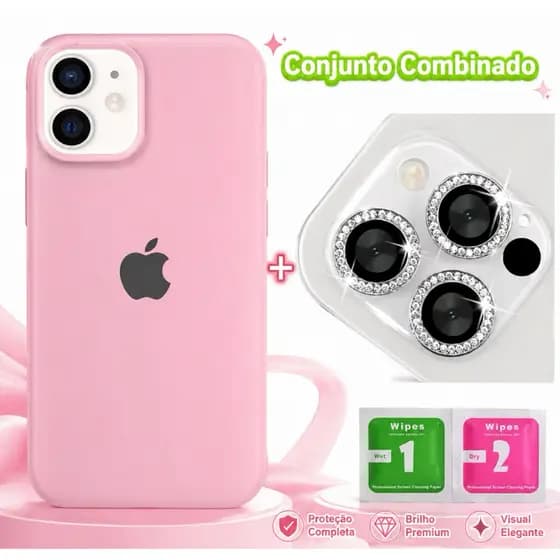 kit Capinha iPhone aveludada Original + Lente película de câmera com brilho Xr ao 17 Pro Max