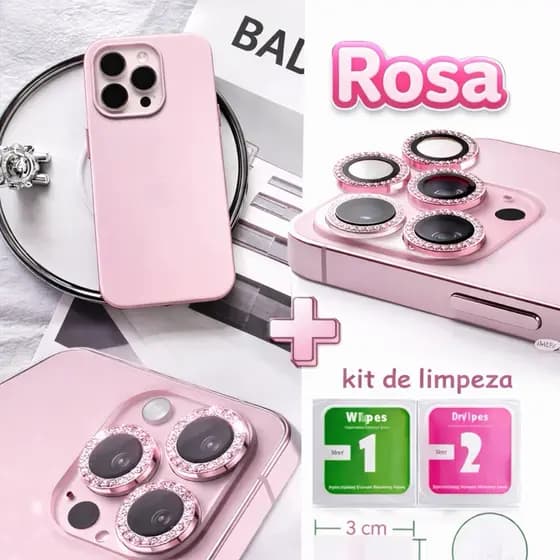 Capinha iPhone aveludada + Película Lente Câmera Diamante Kit Completo iPhone 11 12 13 14 15 16 17 Pro/Pro Max